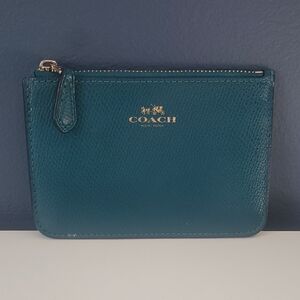 Coach Teal Pebbled Leather Coin Purse Zip Wallet Mini Pouch EUC